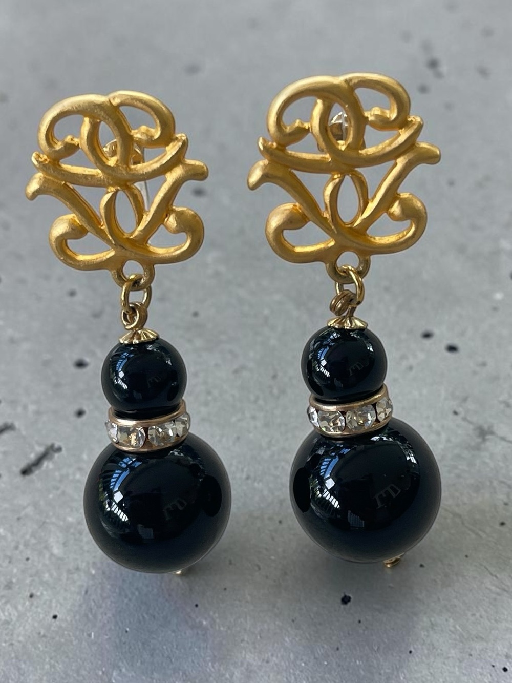Vintage Gold Tone Black Glass Double Drop Scroll Earrings